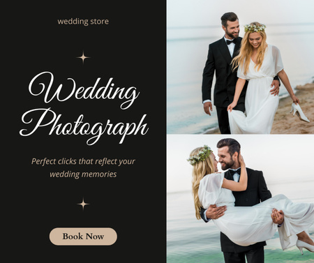 Wedding Photo Services Offer with Happy Couple on Beach Facebook Design Template
