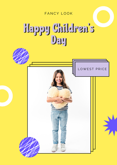 Designvorlage Children's Day Greeting With Girl Holding Toy für Postcard A6 Vertical