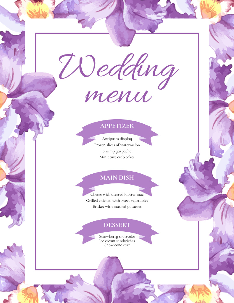 Purple Flowers on List of Wedding Foods Menu 8.5x11in Modelo de Design