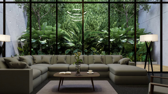 Stylish Living Room with Big Window Zoom Background – шаблон для дизайна