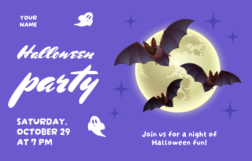 Halloween Party Announcement with Moon and Bats Invitation 4.6x7.2in Horizontal Tasarım Şablonu