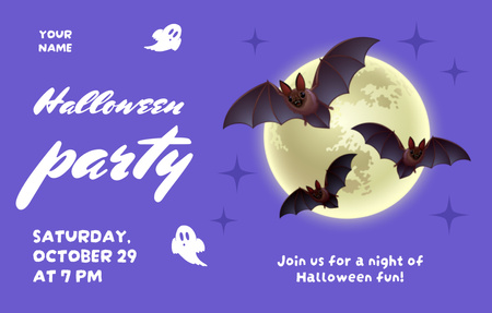 Plantilla de diseño de Anuncio de fiesta de Halloween con luna y murciélagos Invitation 4.6x7.2in Horizontal 