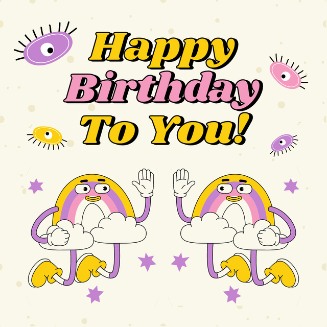 Birthday Greeting with Cartoon Rainbows LinkedIn postデザインテンプレート