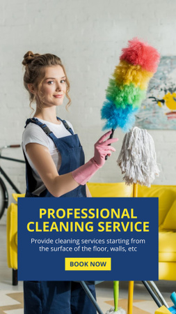 Professional Cleaning Service Offer with Girl Holding Dust Brush Instagram Video Story Design Template