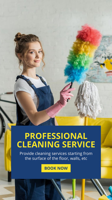 Professional Cleaning Service Offer with Girl Holding Dust Brush Instagram Video Story Modelo de Design