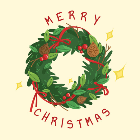 Illustrated Christmas Greeting With Wreath And Stars Instagram Tasarım Şablonu