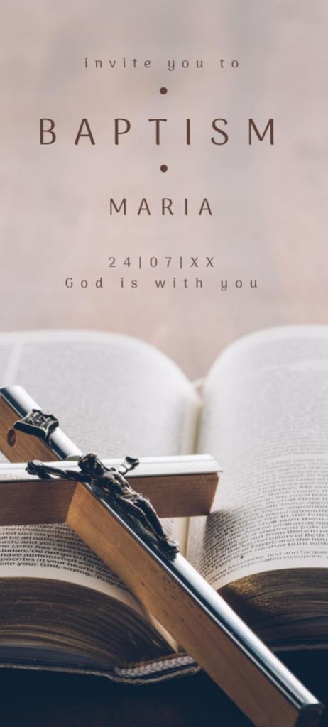 Child's Baptism Announcement with Wooden Cross Invitation 9.5x21cmデザインテンプレート