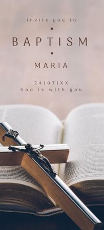 Child's Baptism Announcement with Wooden Cross Invitation 9.5x21cm Design Template