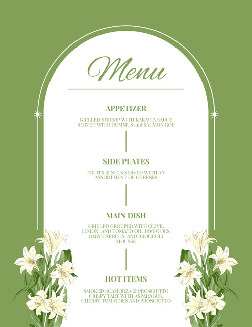 Bright Green Floral Wedding Appetizers List Menu 8.5x11in Πρότυπο σχεδίασης