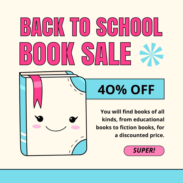 School Book Sale Announcement with Cute Textbook Instagram Πρότυπο σχεδίασης