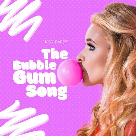 blonde woman with bubblegum on pink pattern with white lines Album Cover Design Template