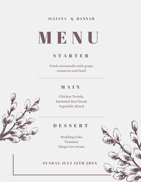 Pastel List of Wedding Dishes with Sketch Illustration Menu 8.5x11in Design Template