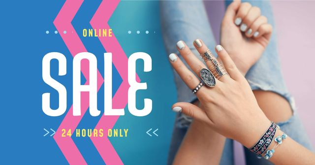 Jewelry Sale Woman in Precious Rings on Blue Facebook AD – шаблон для дизайна