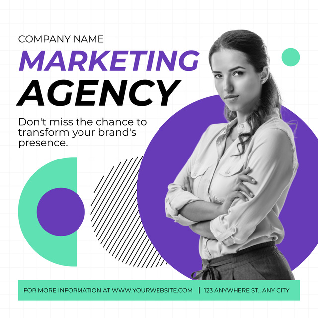 Ad of Marketing Agency with Confident Woman LinkedIn postデザインテンプレート