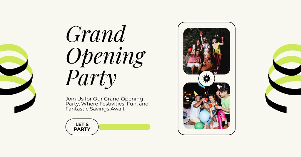 Grand Opening Party Announcement With Festivities Facebook AD Modelo de Design