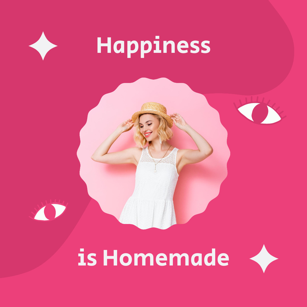 Inspirational Happiness Phrase with Attractive Blonde Woman in Hat Instagram Design Template