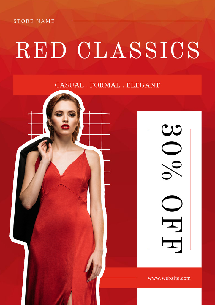 Red Classic Dress Sale Ad Layout with Photo Poster Πρότυπο σχεδίασης