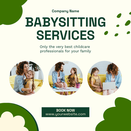 Babysitting Service Agency Ad in White and Green Instagram Design Template