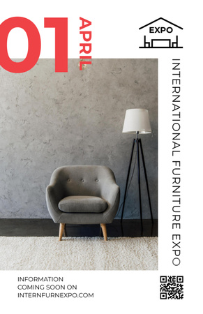 Plantilla de diseño de Exposición de muebles con sillón y lámpara de pie. Invitation 5.5x8.5in 