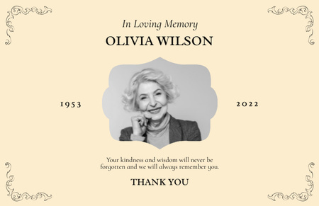 Modèle de visuel À la mémoire d’une femme décédée - Thank You Card 5.5x8.5in