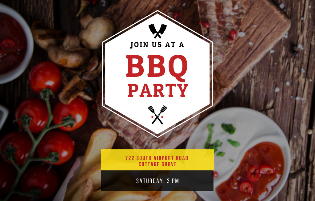 BBQ Party Announcement with Mouthwatering Sauces And Steak Invitation 4.6x7.2in Horizontal Šablona návrhu