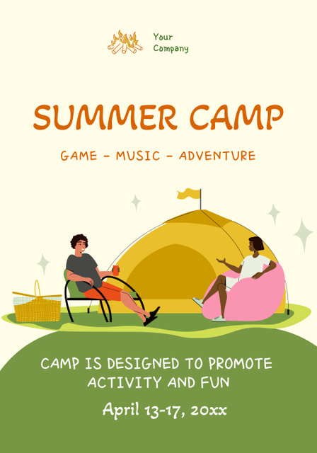 Illustration of Tourists Have Rest in Summer Camp Near Tent Poster 28x40in Design Template
