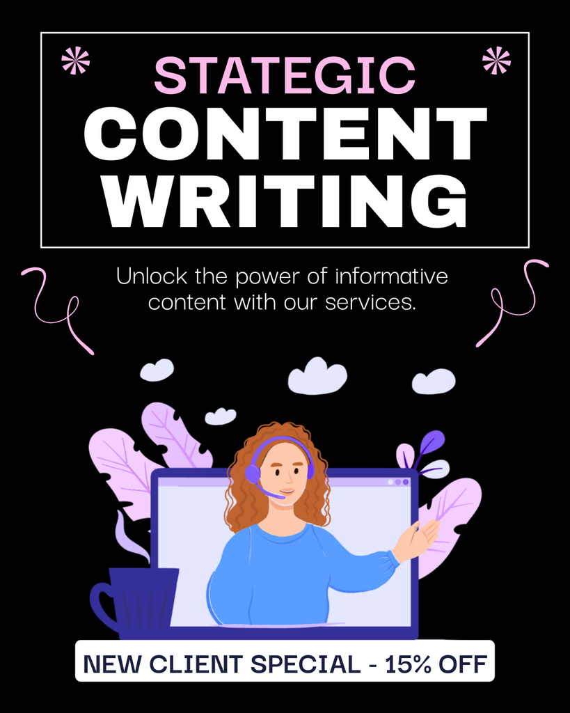 Strategic Content Writing With Discounts For New Client Instagram Post Vertical Tasarım Şablonu