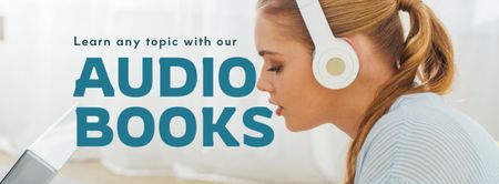 Plantilla de diseño de anuncio de libros de audio con chica en auriculares Facebook cover 
