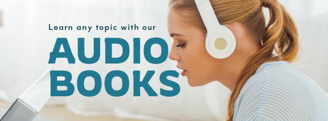 Audio Books Ad with Girl in Headphones Facebook cover Tasarım Şablonu