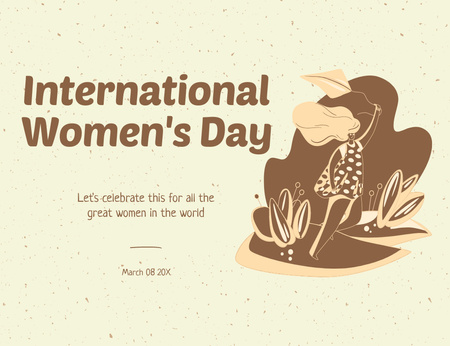 International Women's Day Greeting with Simple Brown Art Thank You Card 5.5x4in Horizontal Design Template
