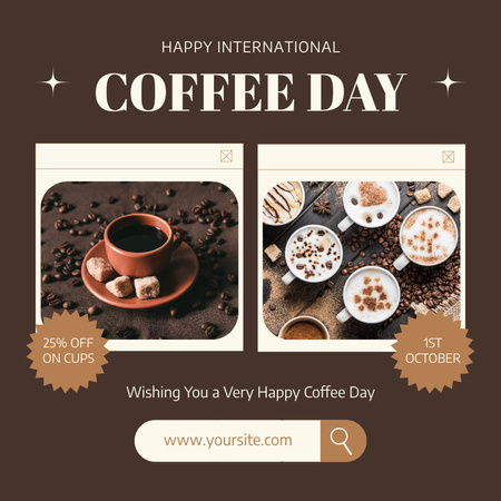 International Coffee Day Happy Greeting on Brown Background Instagram Modelo de Design