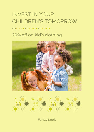 Children Playing Tug of War for Clothing Sale Ad Postcard A6 Vertical Design Template