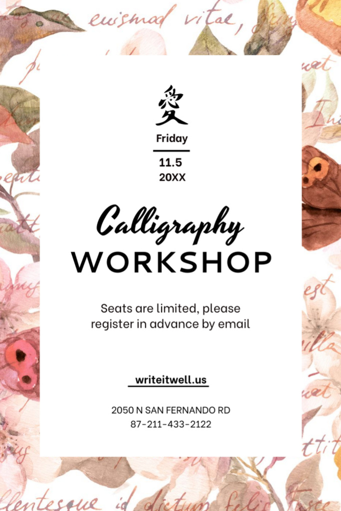 Template di design Calligraphy Lessons Invitation with Floral Watercolor Illustration Postcard 4x6in Vertical