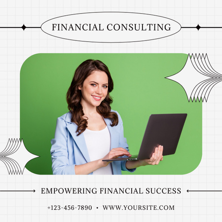 Services of Financial Consulting with Woman holding Laptop LinkedIn post Šablona návrhu