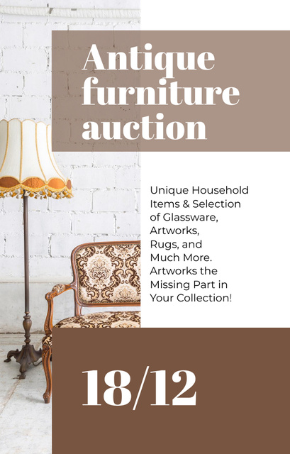 Classic Furniture Auction With Sofa In Brown Invitation 4.6x7.2in tervezősablon