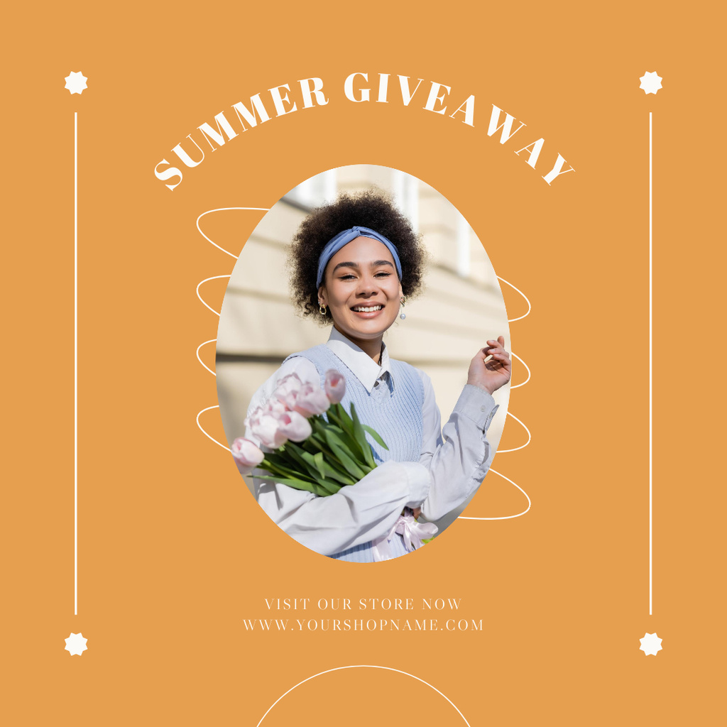 Summer Giveaway Announcement with Smiling Young Woman Instagramデザインテンプレート