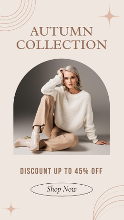 Autumn Clothing Collection Announcement with Woman in Sweater Instagram Story tervezősablon