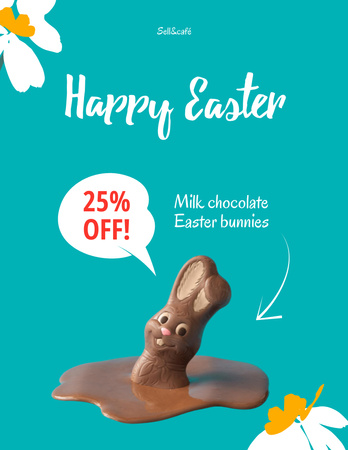 Ontwerpsjabloon van Flyer 8.5x11in van Easter Discount Announcement with Chocolate Bunny on Blue