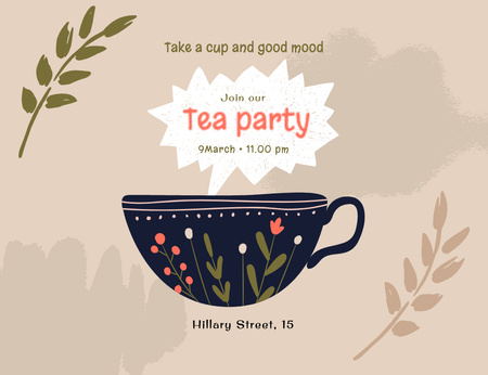 Designvorlage Ankündigung der guten Teeparty mit bemalter Tasse für Invitation 13.9x10.7cm Horizontal