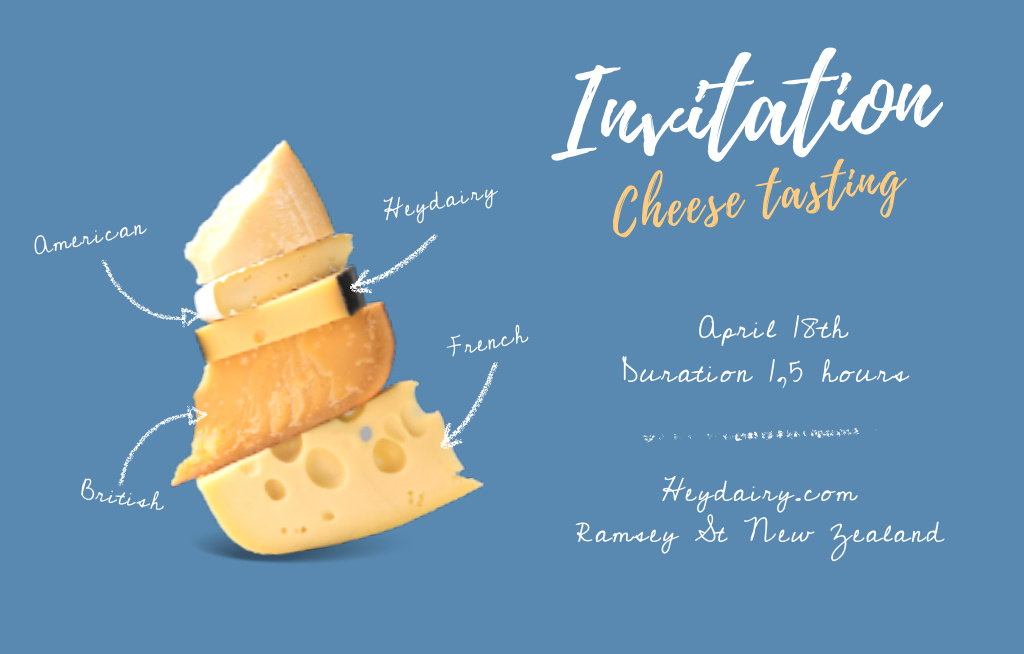 Variety Of Cheese Tasting Announcement on Blue Invitation 4.6x7.2in Horizontal Design Template