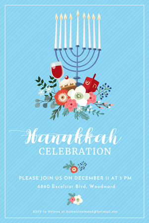 Hanukkah Celebration Invitation with Menorah on Blue Pinterest Design Template