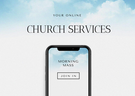 Plantilla de diseño de Promoción de servicios de iglesia en línea con teléfono inteligente Flyer A6 Horizontal 