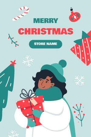 Merry Christmas Greeting with Woman Holding Gift Postcard 4x6in Vertical Design Template