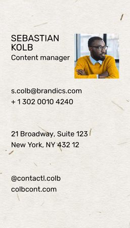 Content Manager Contacts on Beige Color Business Card US Vertical Design Template