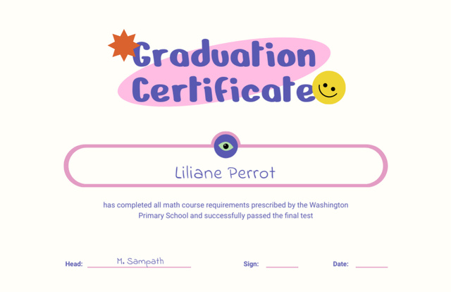 Modèle de visuel Primary School Math Course Graduation Award - Certificate 5.5x8.5in