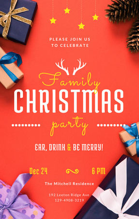 Christmas Family Party And Gifts With Bows Invitation 4.6x7.2in Design Template