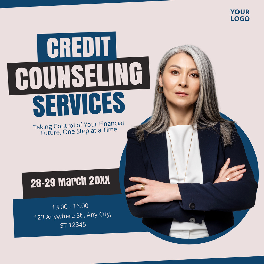 Offer of Credit Counselling Services with Confident Businesswoman LinkedIn post Šablona návrhu