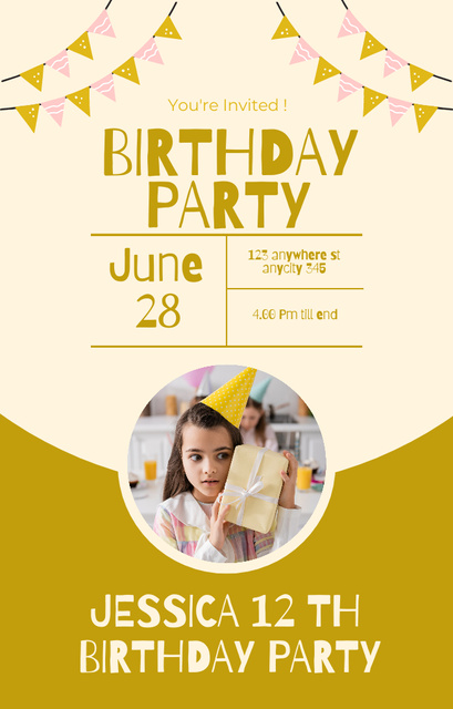 Girl's Birthday Announcement on Yellow Invitation 4.6x7.2in Design Template