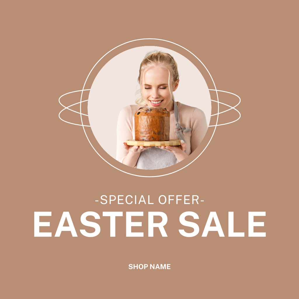 Ontwerpsjabloon van Instagram van Easter Sale Offer with Young Woman Holding Delicious Easter Cake