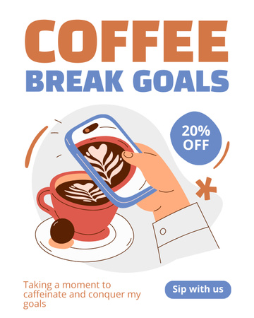 Designvorlage Kaffeepause mit cremigem Kaffee in der Tasse mit Rabatten für Instagram Post Vertical